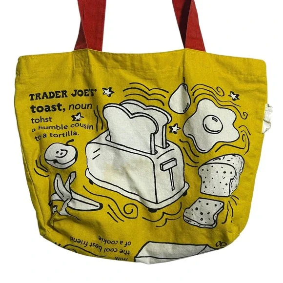 Trader Joe's Breakfast Toast Waffle Yellow Canvas Tote Bag Red Handles Grocery - Picture 8 of 10